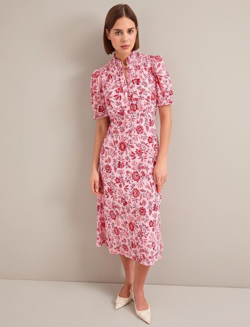 Irina Cotton Blend Midi Dress - Pink Palm Floral Print - 图片 3
