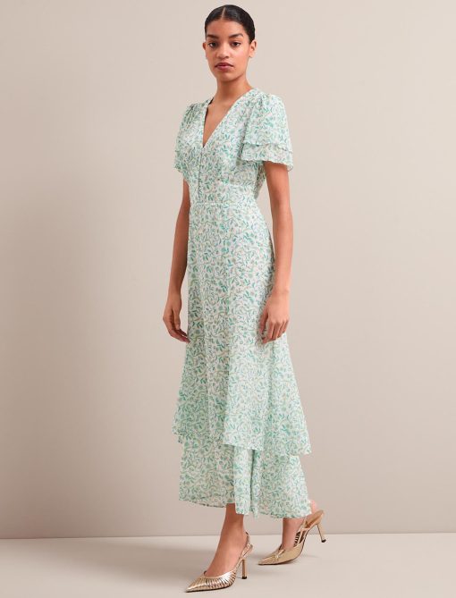 Lotta Gold Metallic Fil Coupé Maxi Dress - Green Yellow Trailing Feather Print - 图片 9