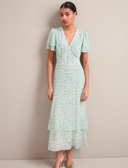 Lotta Gold Metallic Fil Coupé Maxi Dress - Green Yellow Trailing Feather Print - 图片 7