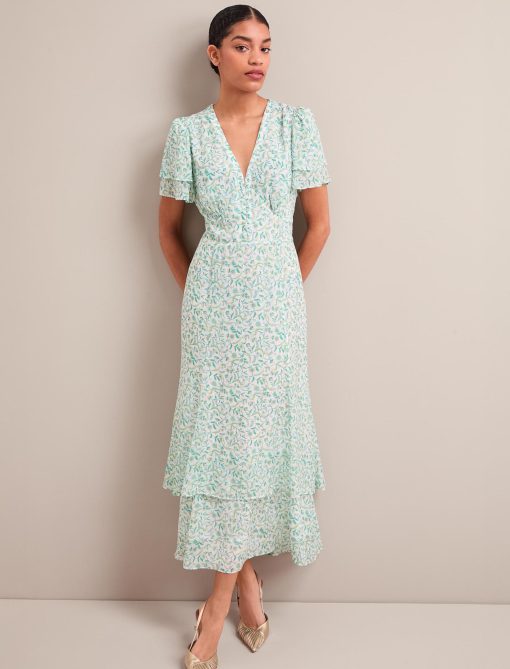 Lotta Gold Metallic Fil Coupé Maxi Dress - Green Yellow Trailing Feather Print - 图片 6