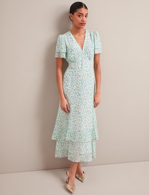 Lotta Gold Metallic Fil Coupé Maxi Dress - Green Yellow Trailing Feather Print - 图片 4