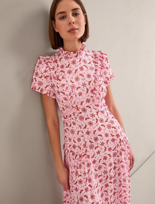 Mirabel Gold Metallic Fil Coupé Maxi Dress - Pink Floral Trellis Print - 图片 3