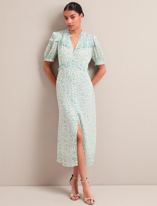 Viola Gold Metallic Fil Coupé Midi Dress - Green Yellow Trailing Feather Print - 图片 6