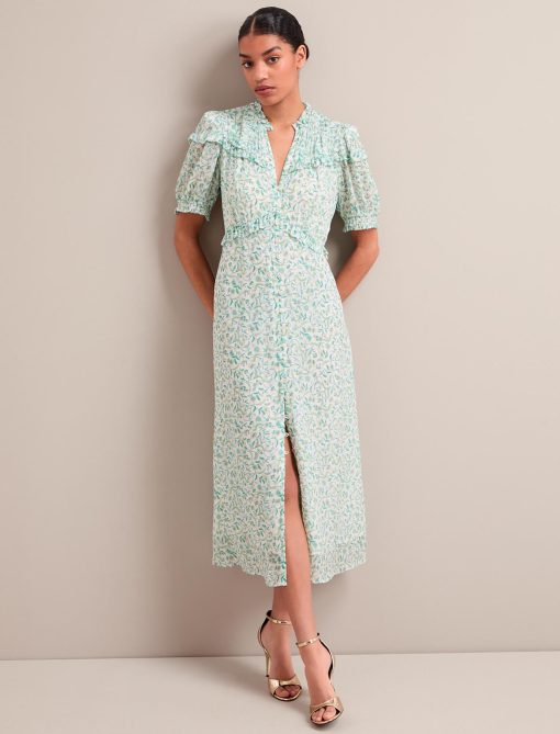 Viola Gold Metallic Fil Coupé Midi Dress - Green Yellow Trailing Feather Print - 图片 8