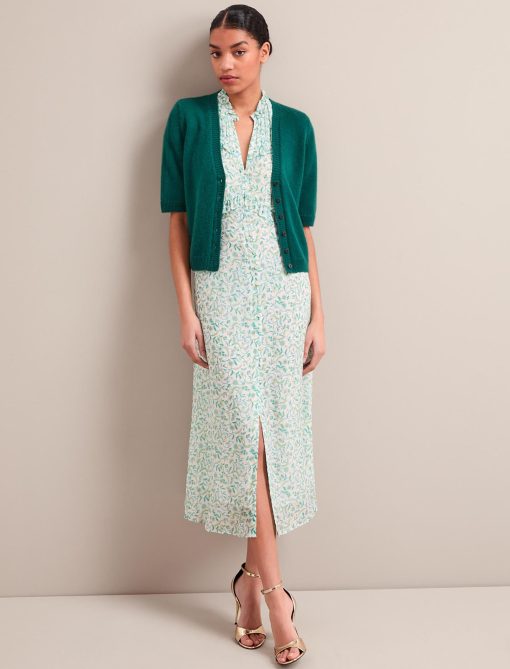 Viola Gold Metallic Fil Coupé Midi Dress - Green Yellow Trailing Feather Print - 图片 7
