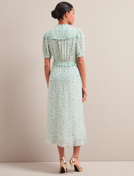 Viola Gold Metallic Fil Coupé Midi Dress - Green Yellow Trailing Feather Print - 图片 12