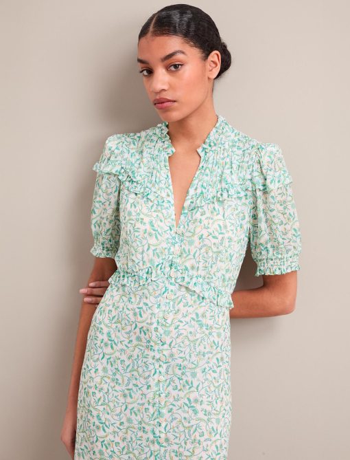 Viola Gold Metallic Fil Coupé Midi Dress - Green Yellow Trailing Feather Print - 图片 5