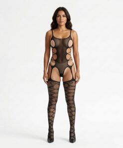Sombra Fatal – Catsuit de Malla con Aberturas y Medias Integradas