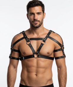 Arnés masculino de correas estilo BDSM, cinturón corporal ajustable de efecto cuero para juegos de pareja y ocasiones especiales.