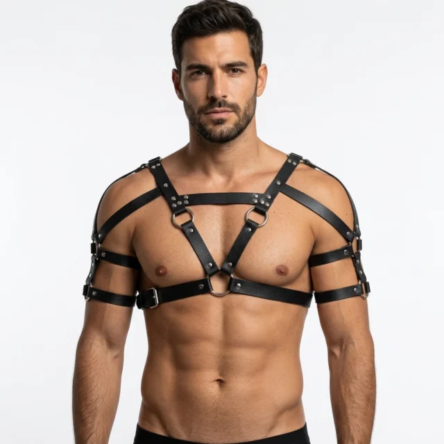 Arnés masculino de correas estilo BDSM, cinturón corporal ajustable de efecto cuero para juegos de pareja y ocasiones especiales.